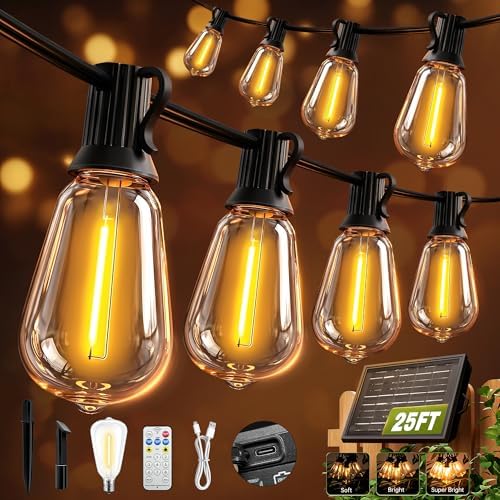 Solar String Lights Outdoor Waterproof with Remote & Timer, LED Shatterproof ST38 Bulbs, USB & Solar Powered