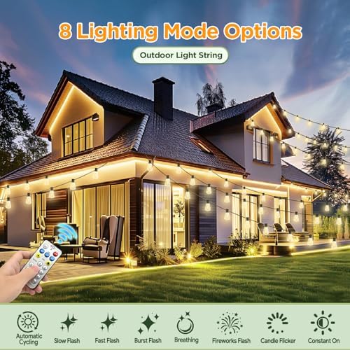 Solar String Lights Outdoor Waterproof with Remote & Timer, LED Shatterproof ST38 Bulbs, USB & Solar Powered, alternate view