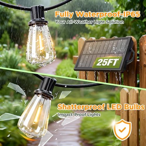 Solar String Lights Outdoor Waterproof with Remote & Timer, LED Shatterproof ST38 Bulbs, USB & Solar Powered, alternate view