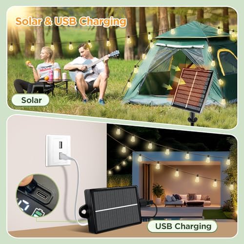 Solar String Lights Outdoor Waterproof with Remote & Timer, LED Shatterproof ST38 Bulbs, USB & Solar Powered, alternate view