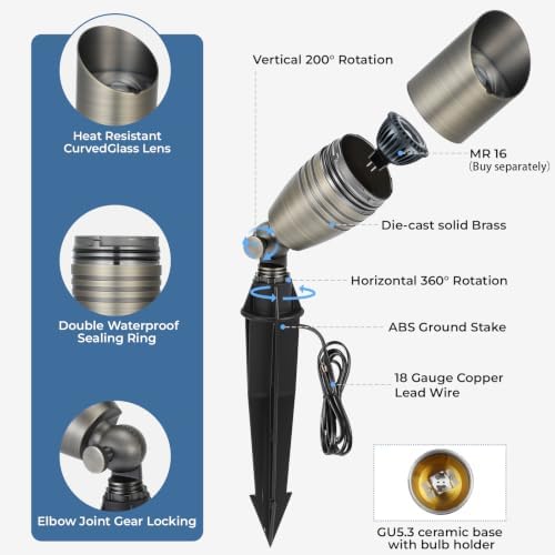 Solid Brass Landscape Lighting, 12V Heavy Duty Low Voltage Landscape Spotlights, LED Spot Lights for Outdoor, alternate view