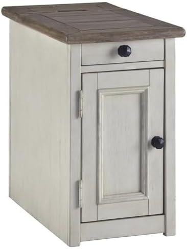 Solid Wood End Table, 1-Drawer with USB Port, Weathered Gray and Antique White Finish, 23"H x 14"W x 24.25"D