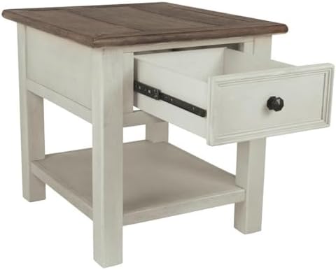 Solid Wood End Table, 1-Drawer with USB Port, Weathered Gray and Antique White Finish, 23"H x 14"W x 24.25"D, alternate view