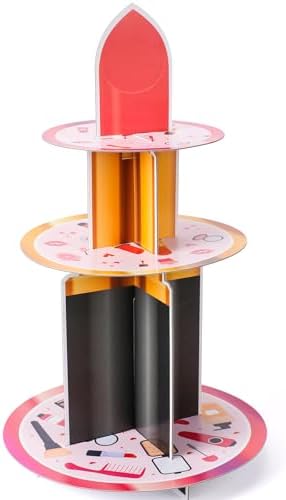 Spa Party Decorations Stand - 3 Tier Makeup Cupcake Tower Holder in Pink