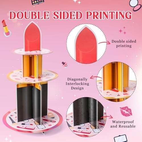 Spa Party Decorations Stand - 3 Tier Makeup Cupcake Tower Holder in Pink, alternate view 4