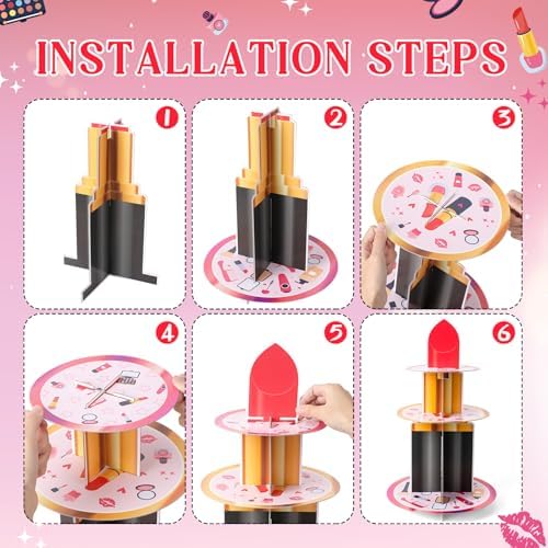 Spa Party Decorations Stand - 3 Tier Makeup Cupcake Tower Holder in Pink, alternate view 5