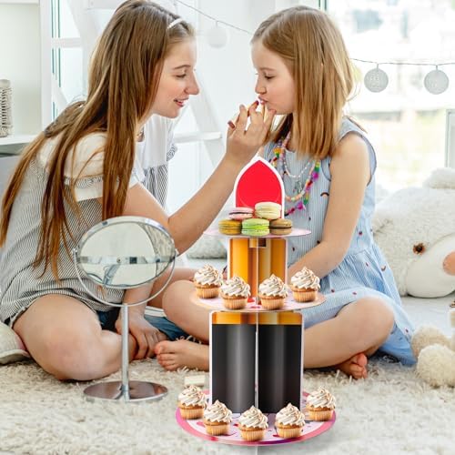 Spa Party Decorations Stand - 3 Tier Makeup Cupcake Tower Holder in Pink, alternate view 6