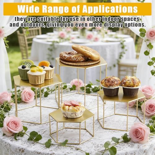 Space-Saving Gold Metal Buffet Display Risers Set - 4 Nesting Food Service Stands for Dessert, Cake, Cupcake &, alternate