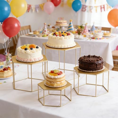 Space-Saving Gold Metal Buffet Display Risers Set - 4 Nesting Food Service Stands for Dessert, Cake, Cupcake &, alternate