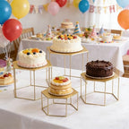 Space-Saving Gold Metal Buffet Display Risers Set - 4 Nesting Food Service Stands for Dessert, Cake, Cupcake &, alternate