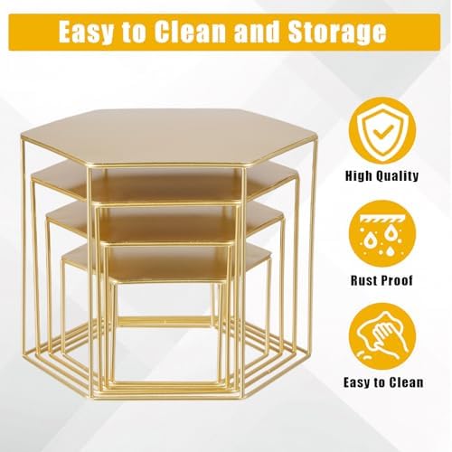 Space-Saving Gold Metal Buffet Display Risers Set - 4 Nesting Food Service Stands for Dessert, Cake, Cupcake &, alternate