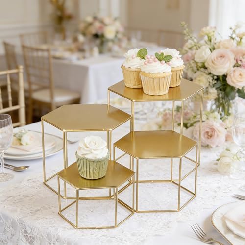 Space-Saving Gold Metal Buffet Display Risers Set - 4 Nesting Food Service Stands for Dessert, Cake, Cupcake &, alternate