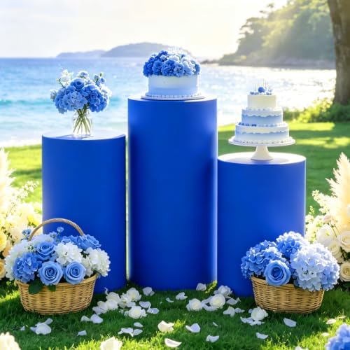 Spandex Cylinder Pedestal Stand Covers for Party Set of 3 Spandex Cylinder Covers Royal Blue Round Plinth Cover