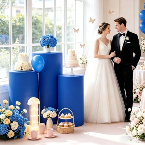 Spandex Cylinder Pedestal Stand Covers for Party Set of 3 Spandex Cylinder Covers Royal Blue Round Plinth Cover, alternate