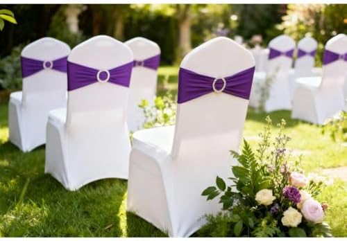Spandex Purple Chair Sashes 50 Pack, Chair Bands with Buckle Slider for Wedding Party Folding Chairs Decor, alternate view 4