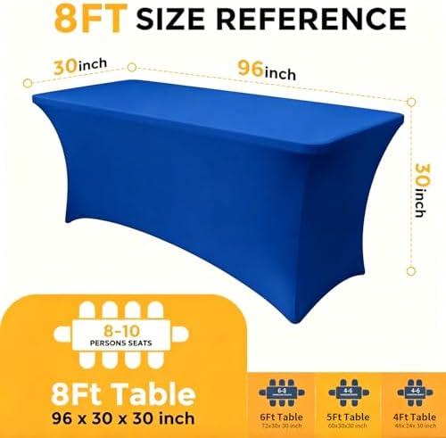 Spandex Tablecloth 10 Pack, 8FT Royal Blue Fitted Table Covers for 96 x 30 in Rectangle Tables, Washable Stretch, alternate