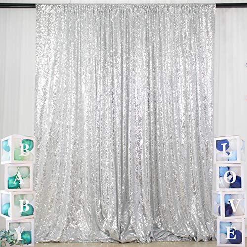Sparkling Sequin Photo Backdrop 7x7 Feet - Silver Glitter Polyester Fabric for Baby Showers, Birthdays