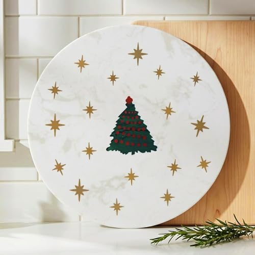 Sparkly Christmas Tree Marble Cheese Board, 9.8 x 9.8 Inch White Marble Charcuterie Board Decorative Serving, alternate view