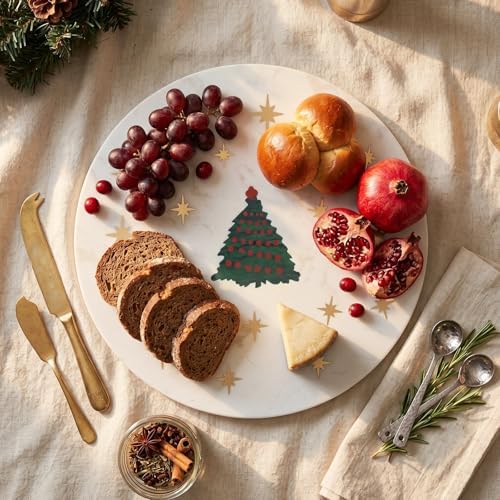 Sparkly Christmas Tree Marble Cheese Board, 9.8 x 9.8 Inch White Marble Charcuterie Board Decorative Serving, alternate view