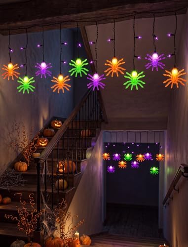 Spider String Lights, 7Ft Decorations Lights with 10 LED Colorful Spider Lights 15 Mini Purple Bulbs, Hanging, alternate view