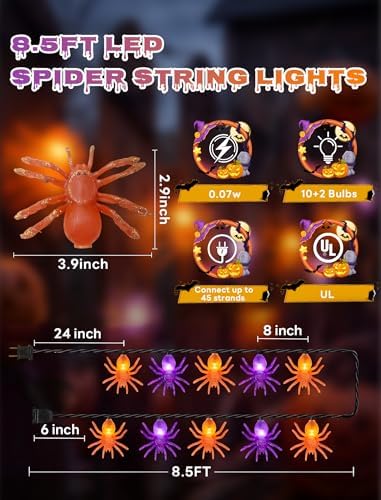 Spider String Lights, 8.5FT 10 LED Purple & Orange Plug-In Lights, alternate view 2
