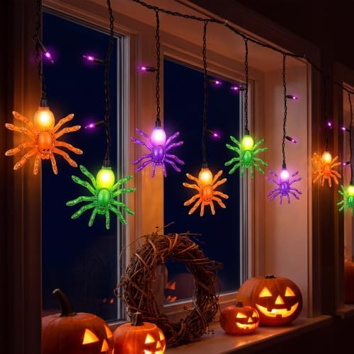 Spider String Lights Outdoor, 25 Mini Curtain String Lights with 10 Colorful Spider Lights, 7Ft Decoration Light