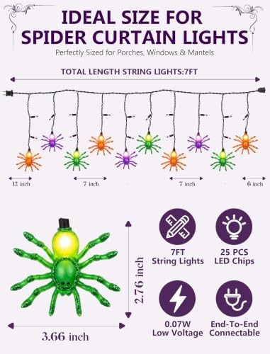 Spider String Lights Outdoor, 25 Mini Curtain String Lights with 10 Colorful Spider Lights, 7Ft Decoration Light, alternate