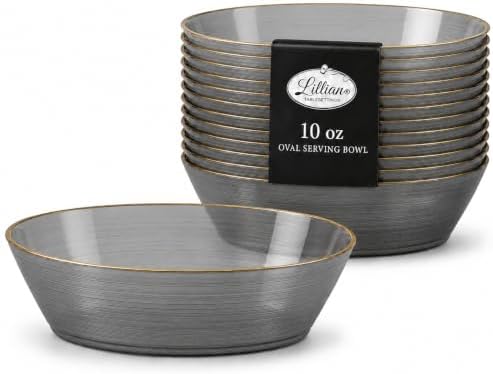 Spiralique 10 oz Disposable Plastic Oval Serving Bowls, Charcoal Gold Rim, BPA-Free Heavyweight Party Bowls, 10
