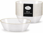 Spiralique 10 oz Disposable Plastic Oval Serving Bowls, Clear Gold Rim, BPA-Free Heavyweight Party Bowls, 10