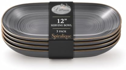 Spiralique 12 in Disposable Plastic Oval Serving Platters, Charcoal Gold Rim, BPA-Free Heavyweight Party Trays