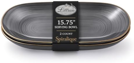 Spiralique 15.75 in Disposable Plastic Oval Serving Platters, Charcoal Gold Rim, BPA-Free Heavyweight Party
