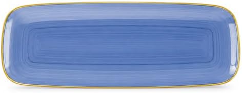 Spiralique 17.5 in Disposable Plastic Rectangular Serving Trays, Blue Gold Rim, BPA-Free Heavyweight Party