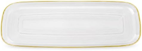 Spiralique 17.5 in Disposable Plastic Rectangular Serving Trays, Clear Gold Rim, BPA-Free Heavyweight Party