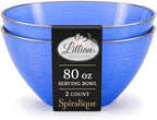 Spiralique 80 oz Disposable Plastic Round Serving Bowls, Blue Gold Rim, BPA-Free Heavyweight Party Bowls, 2