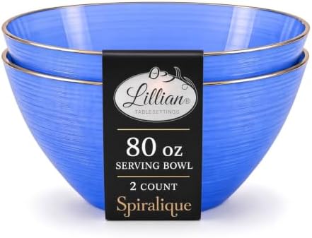 Spiralique 80 oz Disposable Plastic Round Serving Bowls, Blue Gold Rim, BPA-Free Heavyweight Party Bowls, 2