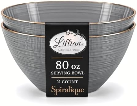 Spiralique 80 oz Disposable Plastic Round Serving Bowls, Charcoal Gold Rim, BPA-Free Heavyweight Party Bowls, 2