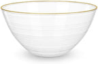 Spiralique 80 oz Disposable Plastic Round Serving Bowls, Clear Gold Rim, BPA-Free Heavyweight Party Bowls, 12