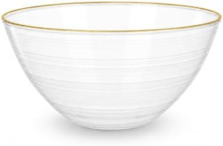 Spiralique 80 oz Disposable Plastic Round Serving Bowls, Clear Gold Rim, BPA-Free Heavyweight Party Bowls, 12