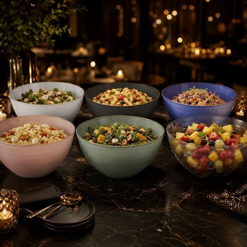 Spiralique 80 oz Disposable Plastic Round Serving Bowls, Clear Gold Rim, BPA-Free Heavyweight Party Bowls, 12, alternate view