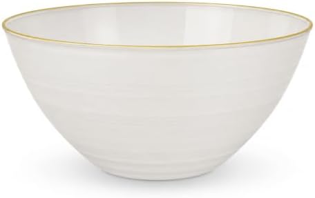 Spiralique 80 oz Disposable Plastic Round Serving Bowls, Pearl Gold Rim, BPA-Free Heavyweight Party Bowls, 12
