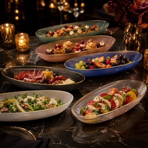 Spiralique 9.75 in Disposable Plastic Oval Serving Platters, Charcoal Gold Rim, BPA-Free Heavyweight Party, alternate view 4