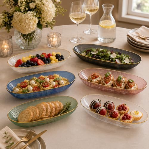 Spiralique 9.75 in Disposable Plastic Oval Serving Platters, Clear Gold Rim, BPA-Free Heavyweight Party Trays, alternate view