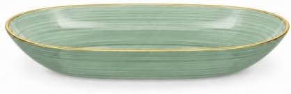 Spiralique 9.75 in Disposable Plastic Oval Serving Platters, Green Gold Rim, BPA-Free Heavyweight Party Trays