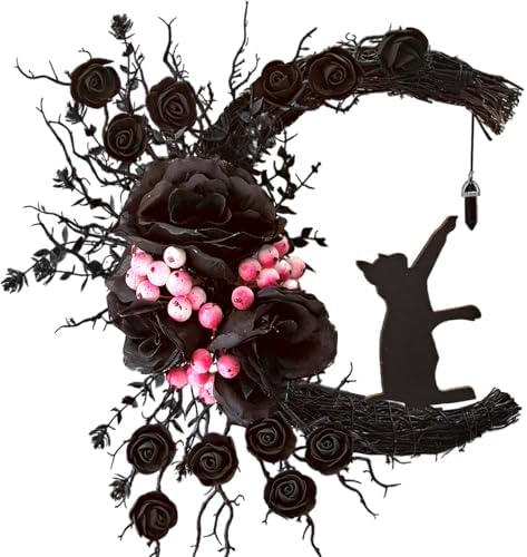 Spooky Halloween Wreath - 2026 Upgrade Black Cat Moon Door Decor with Lights for Indoor Outdoor Party Wall