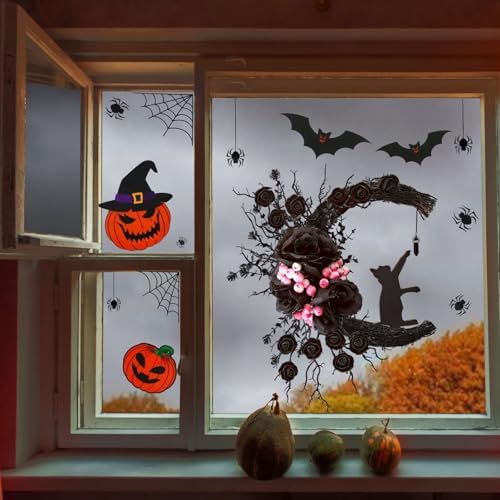 Spooky Halloween Wreath - 2026 Upgrade Black Cat Moon Door Decor with Lights for Indoor Outdoor Party Wall, alternate view 2