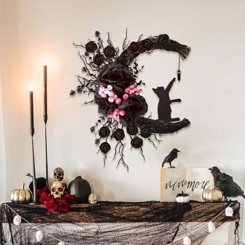Spooky Halloween Wreath - 2026 Upgrade Black Cat Moon Door Decor with Lights for Indoor Outdoor Party Wall, alternate view 3