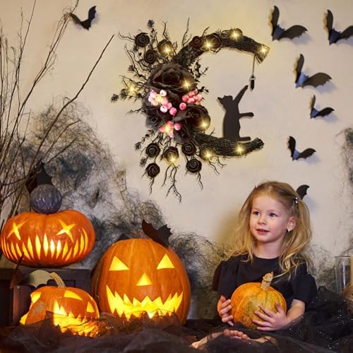 Spooky Halloween Wreath - 2026 Upgrade Black Cat Moon Door Decor with Lights for Indoor Outdoor Party Wall, alternate view 5