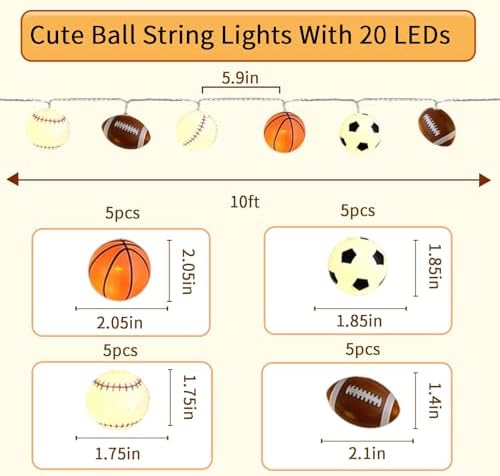 Sport Ball String Lights, 10FT 20LED Sport Fan Fairy Lights Decorations, alternate view 3