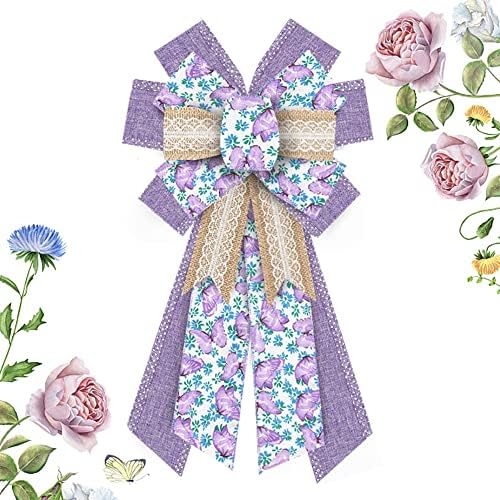 Spring Flowers Bows for Wreath, Purple Natural Burlap Wreath Bow Butterfly Tree Topper Bows Farmhouse Craft Bow