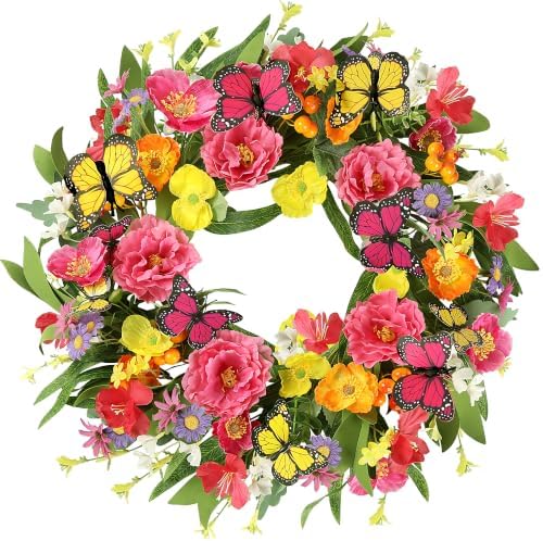 Spring Summer Wreath for Front Door 22 Inch Artificial Peony Wreath with Colorful Silk Wild Flowers Eucalyptus